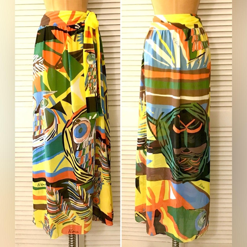 🆕 Neon Macy’s Impulse Skirt Womens size 12 Yellow Owl Print Maxi Bright Festive